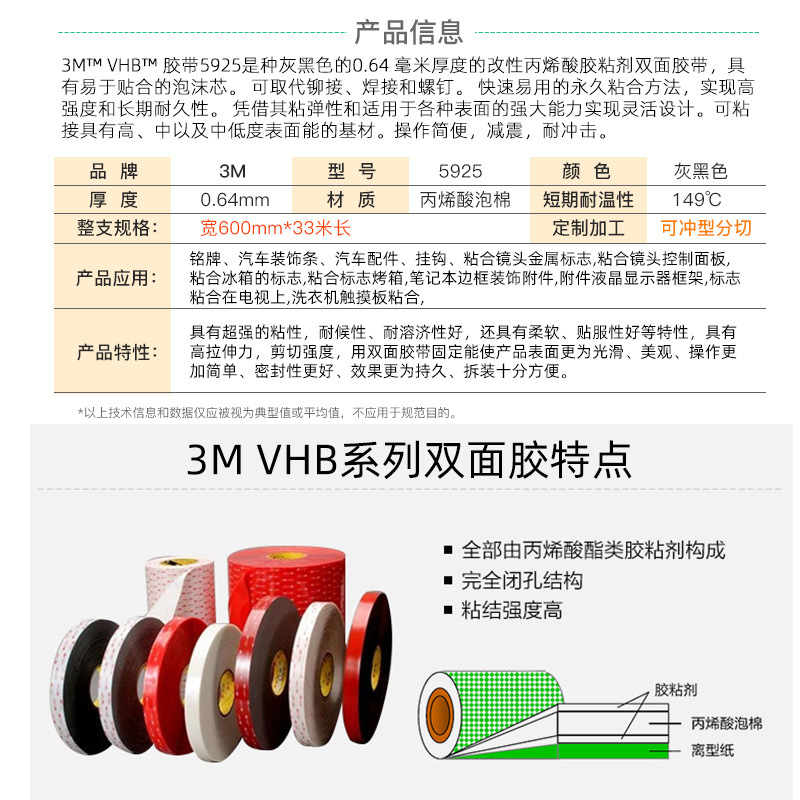 原装3M 5925丙烯酸黑色强力双面胶汽车专用泡棉胶带厚度0.64mm厚